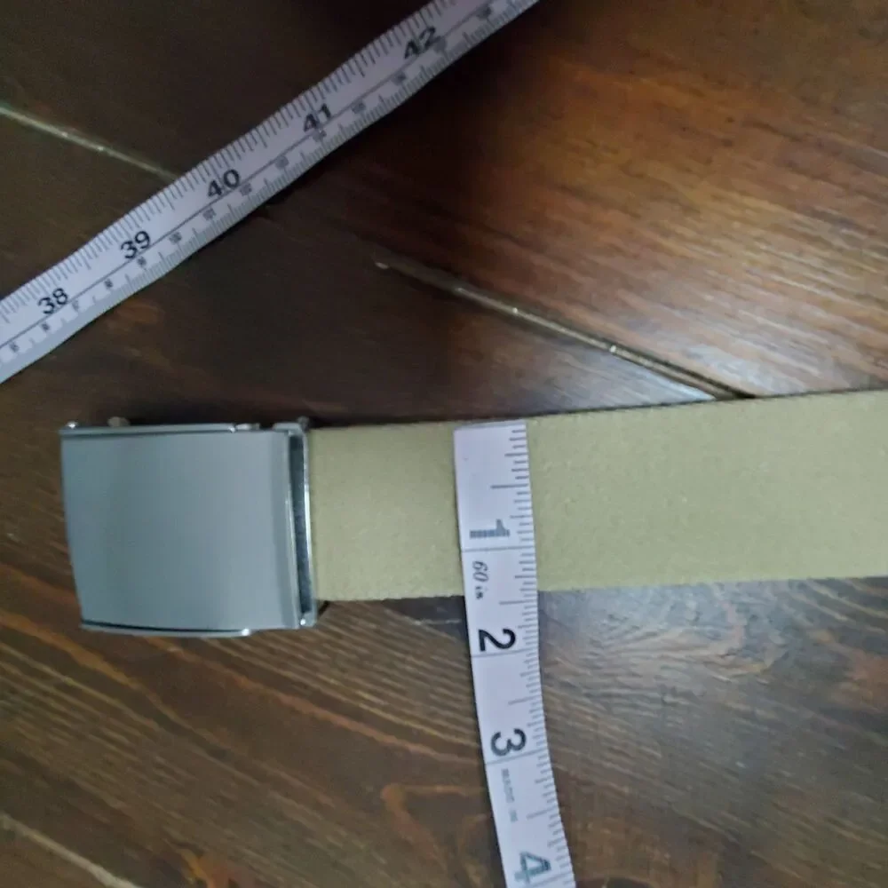 Ratchet Belt Mens 40-42 Beige Canvas Silvertone Buckle Reversible to Blue Stripe